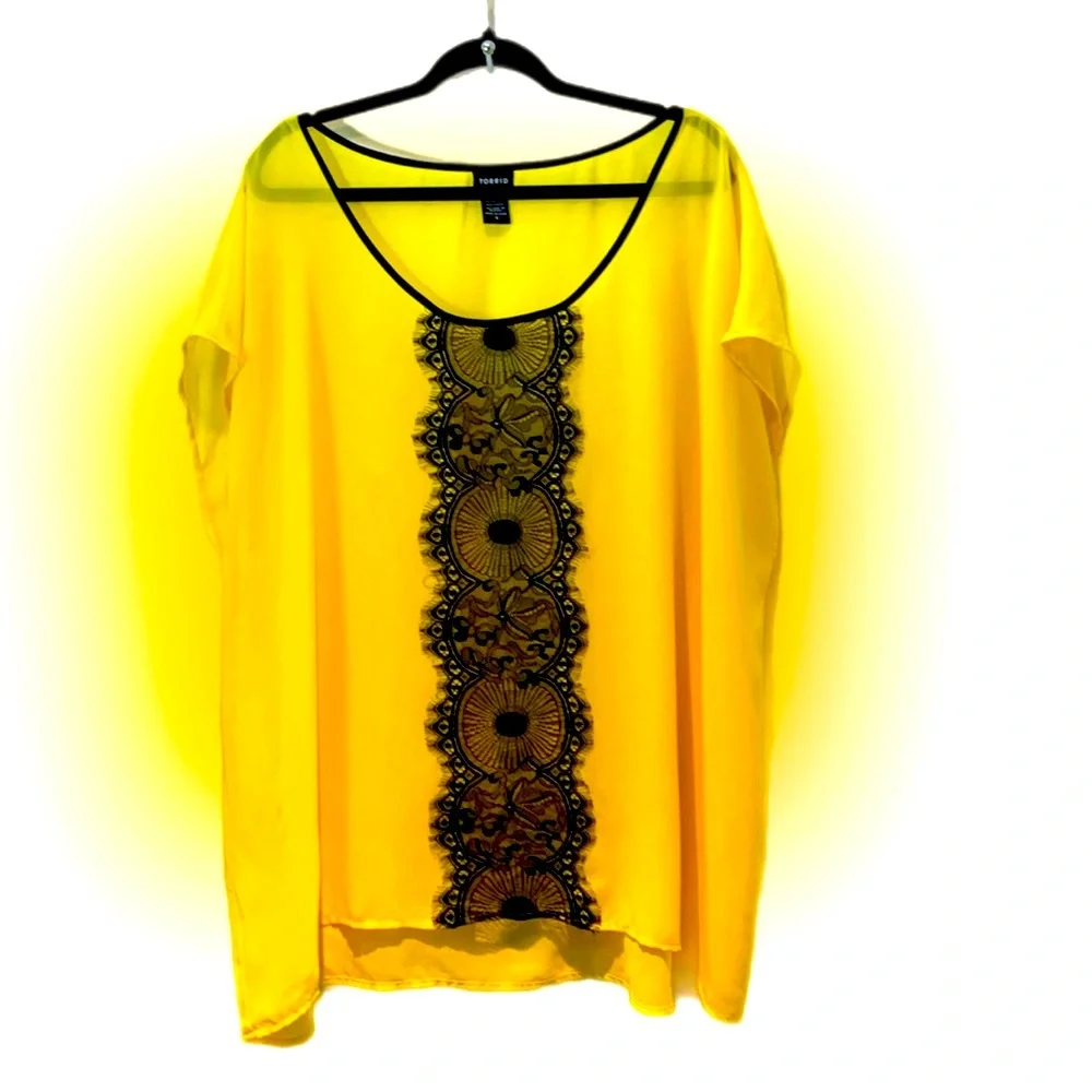 torrid Yellow Swim Cover-Up with Black Lace Panel